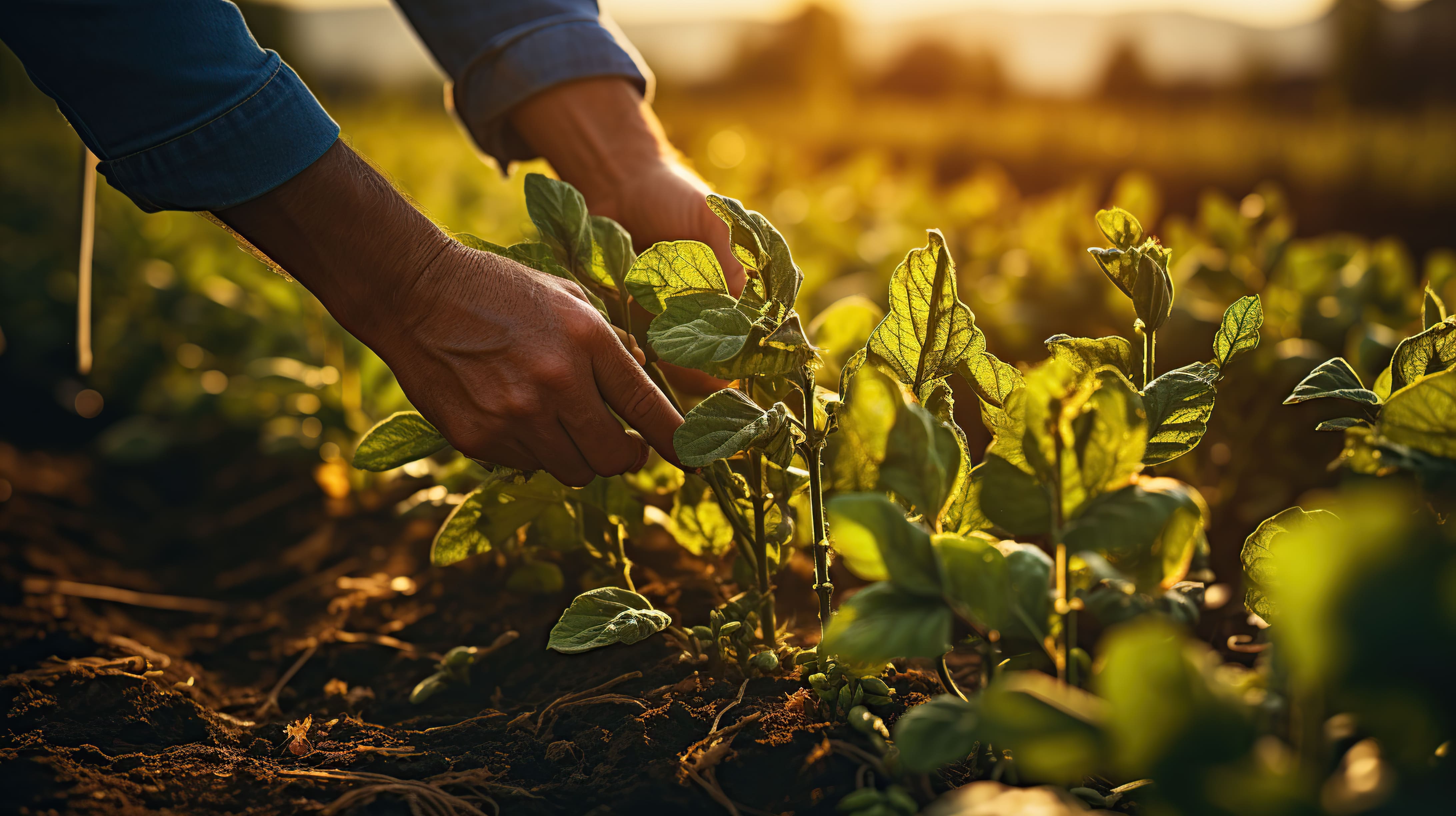 Farmer working on field during sunset